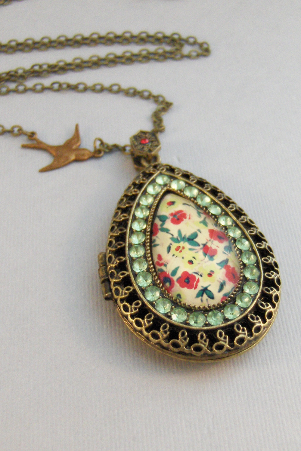 Gypsy Memory,Locket,Brass Locket,Peridot,Green Necklace,Green Stone,Pink Necklace,Brass Necklace,brass and Pink,Floral Locket,Gypsy,Boho