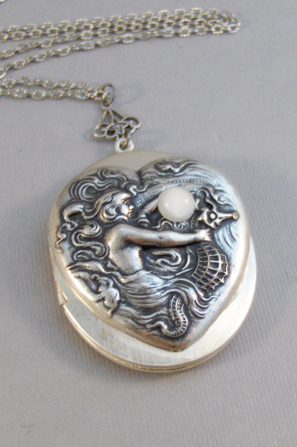 SALE Mermaid's Moon,Locket,Mermaid,Mermaid Locket,Antique Locket,Silver Locket,Goddess,Ocean Locket,Moonstone,Moonstone Necklace,Seahorse
