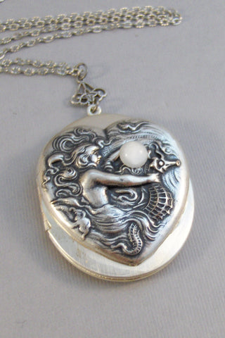 SALE Mermaid's Moon,Locket,Mermaid,Mermaid Locket,Antique Locket,Silver Locket,Goddess,Ocean Locket,Moonstone,Moonstone Necklace,Seahorse