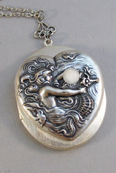 SALE Mermaid's Moon,Locket,Mermaid,Mermaid Locket,Antique Locket,Silver Locket,Goddess,Ocean Locket,Moonstone,Moonstone Necklace,Seahorse