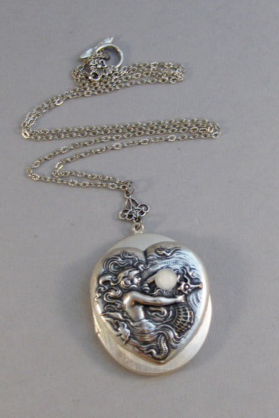 SALE Mermaid's Moon,Locket,Mermaid,Mermaid Locket,Antique Locket,Silver Locket,Goddess,Ocean Locket,Moonstone,Moonstone Necklace,Seahorse