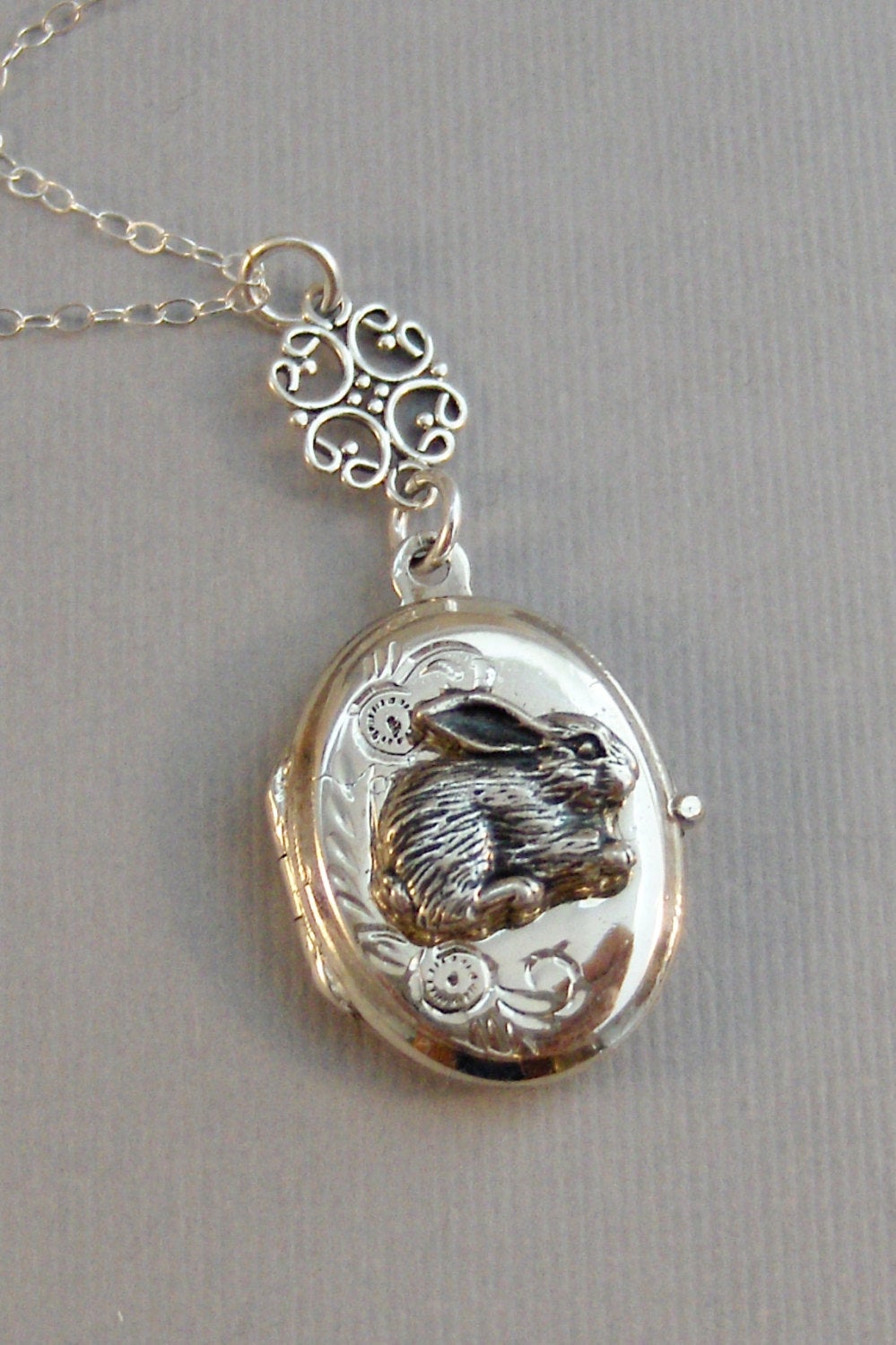 Baby Bunny Rabbit in A Field Sterling Silver Pendant 18 Necklace Love Token Charm Lucky