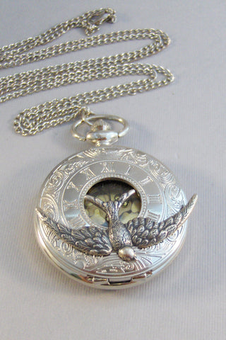 Sparrows,Watch,Pocket Watch,Bird Necklace,Bird,Sparrow Necklace,Silver Necklace,Watch Necklace,Watch,Time,Steampunk,Steampunk Jewelry,