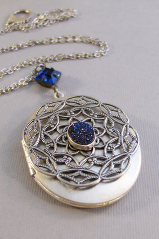 Sapphire Spirit,Locket,Silver,Blue,Blue Locket,Druzy,Sapphire,Sapphire Locket,Galaxy Necklace,Mandala,Flower,Sapphire Birthstone,September