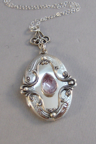 SALE Pink Amethyst,Purple Locket,Antique Locket,Sterling Locket,Pink Locket,Pink Amethyst Necklace,Sterling Silver,Gemstone Necklace,Genuine