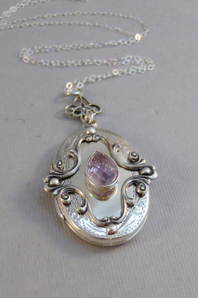 Pink Amethyst,Purple Locket,Antique Locket,Sterling Locket,Pink Locket,Pink Amethyst Necklace,Sterling Silver,Gemstone Necklace,Genuine