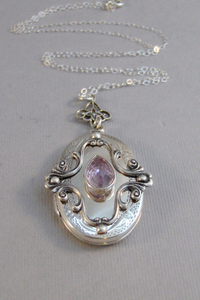 Pink Amethyst,Purple Locket,Antique Locket,Sterling Locket,Pink Locket,Pink Amethyst Necklace,Sterling Silver,Gemstone Necklace,Genuine