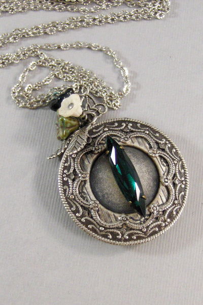 Holiday Holly,Green Necklace,Green Locket,Flower,Silver Locket,Victorian,Antique Locket,Leaf,Branch,Tree,Green,Emerald,Stone,valleygirldesig