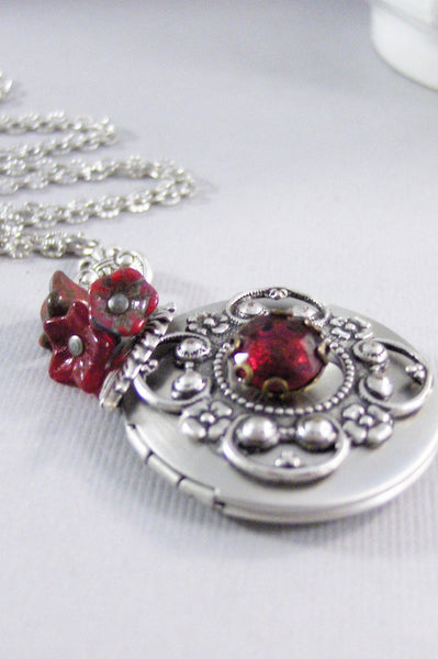 Scarlet Blossom,Red Locket,Red Necklace,Christmas Locket,Christmas Necklace,Flower,Red,Ruby,Garnet,Antique Locket,Floral, valleygirldesigns.