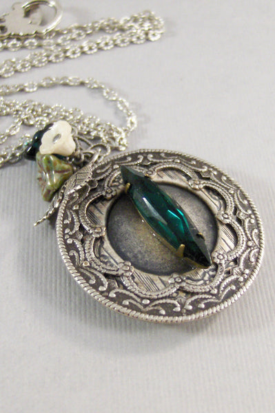Holiday Holly,Green Necklace,Green Locket,Flower,Silver Locket,Victorian,Antique Locket,Leaf,Branch,Tree,Green,Emerald,Stone,valleygirldesig