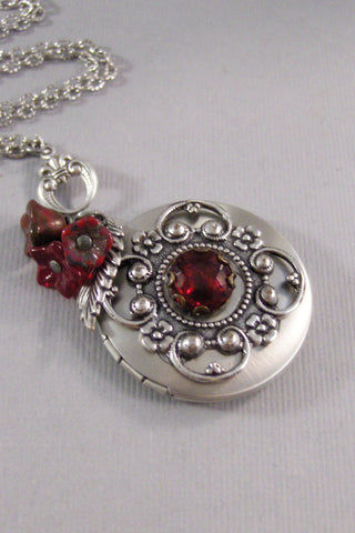Scarlet Blossom,Red Locket,Red Necklace,Christmas Locket,Christmas Necklace,Flower,Red,Ruby,Garnet,Antique Locket,Floral, valleygirldesigns.