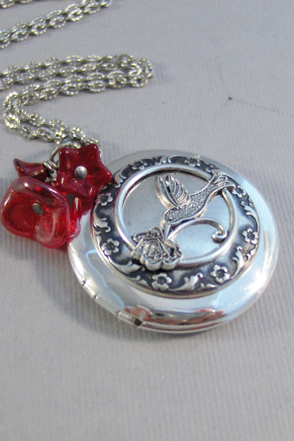 Red Hummingbird,Locket,Silver Locket,Flower,Bird,Red Locket,Red Flower,Red Necklace,Ruby Necklace,Ruby,Antique Locket,valleygirldesigns