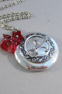 Red Hummingbird,Locket,Silver Locket,Flower,Bird,Red Locket,Red Flower,Red Necklace,Ruby Necklace,Ruby,Antique Locket,valleygirldesigns