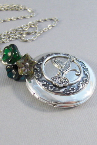 Emerald Hummingbird,Locket,Silver Locket,Flower,Bird,Green Locket,Green Flower,Emerald Necklace,Green Necklace,Emerald Locket,valleygirldesi