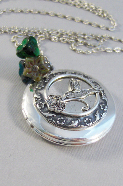 Emerald Hummingbird,Locket,Silver Locket,Flower,Bird,Green Locket,Green Flower,Emerald Necklace,Green Necklace,Emerald Locket,valleygirldesi