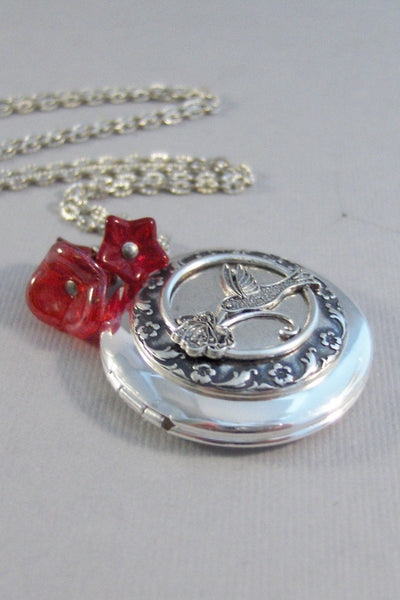 Red Hummingbird,Locket,Silver Locket,Flower,Bird,Red Locket,Red Flower,Red Necklace,Ruby Necklace,Ruby,Antique Locket,valleygirldesigns