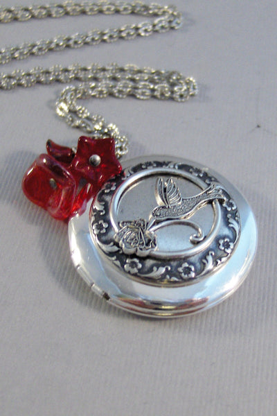 Red Hummingbird,Locket,Silver Locket,Flower,Bird,Red Locket,Red Flower,Red Necklace,Ruby Necklace,Ruby,Antique Locket,valleygirldesigns