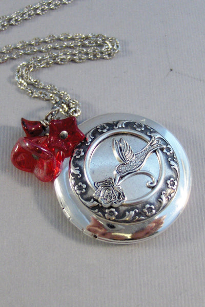 Red Hummingbird,Locket,Silver Locket,Flower,Bird,Red Locket,Red Flower,Red Necklace,Ruby Necklace,Ruby,Antique Locket,valleygirldesigns