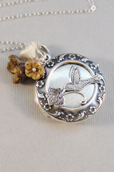 Hummingbird,Sterling Silver Locket,Sterling Hummingbird Locket,Locket,Silver Locket,Flower,Bird,Purple,Ivory,Antique Locket,valleygirldesign