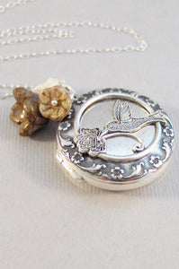 Hummingbird,Sterling Silver Locket,Sterling Hummingbird Locket,Locket,Silver Locket,Flower,Bird,Purple,Ivory,Antique Locket,valleygirldesign