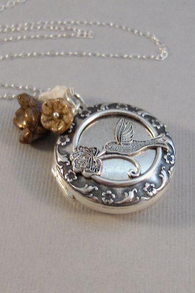 Hummingbird,Sterling Silver Locket,Sterling Hummingbird Locket,Locket,Silver Locket,Flower,Bird,Purple,Ivory,Antique Locket,valleygirldesign