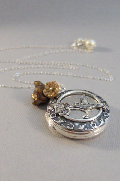 Hummingbird,Sterling Silver Locket,Sterling Hummingbird Locket,Locket,Silver Locket,Flower,Bird,Purple,Ivory,Antique Locket,valleygirldesign