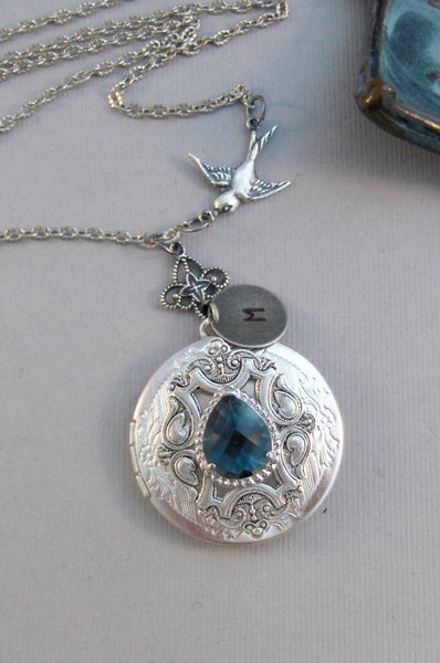 Victorian Sparrow,Sapphire,Sapphire Locket,Locket,Antique Locket,Silver Locket,Sparrow,Bird Locket,Initial,Hand Stamp,Personalized,Blue,