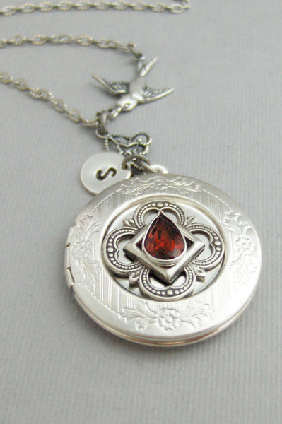 Victorian Sparrow,Garnet,Garnet Locket,Locket,Antique Locket,Silver Locket,Sparrow,Bird Locket,Initial,Hand Stamp,Personalized,Blue,