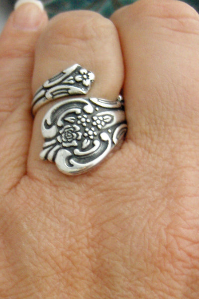 Floral Spoon,Ring,Silver,Spoon,Rose,Rose Ring,Rose Spoon Ring,Spoon Ring,Antique Ring,Silver Ring,Rose,Wrapped,Adjustable valleygirldesigns.