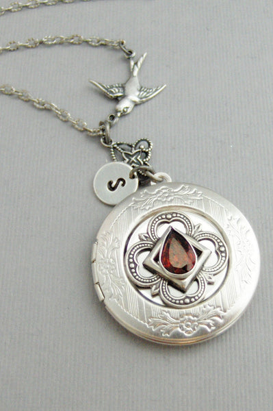 Victorian Sparrow,Garnet,Garnet Locket,Locket,Antique Locket,Silver Locket,Sparrow,Bird Locket,Initial,Hand Stamp,Personalized,Blue,