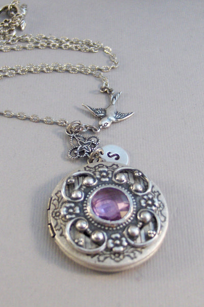 Victorian Sparrow,Lavender,Light Amethyst,Amethyst Locket,Locket,Antique Locket,Silver Locket,Sparrow,Bird Locket,Initial,Hand Stamp,Purple