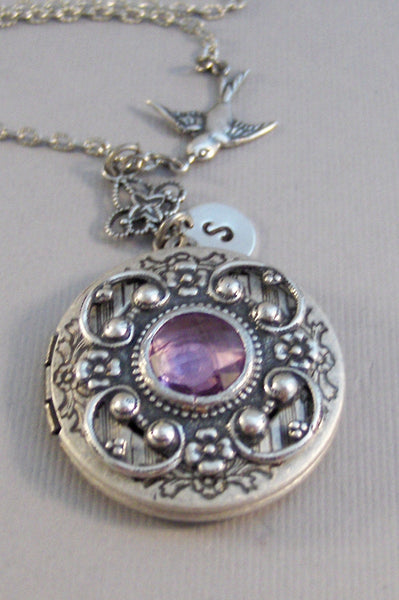 Victorian Sparrow,Lavender,Light Amethyst,Amethyst Locket,Locket,Antique Locket,Silver Locket,Sparrow,Bird Locket,Initial,Hand Stamp,Purple