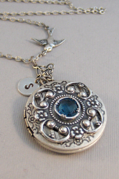 September Sparrow,Sapphire,Sapphire Locket,Locket,Antique Locket,Silver Locket,Sparrow,Bird Locket,Initial,Hand Stamp,Personalized,Blue,