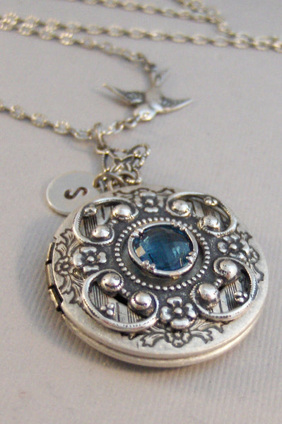 September Sparrow,Sapphire,Sapphire Locket,Locket,Antique Locket,Silver Locket,Sparrow,Bird Locket,Initial,Hand Stamp,Personalized,Blue,