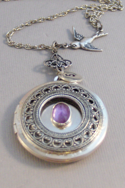 Amethyst Sparrow,Amethyst Locket,Antique Locket,Silver Locket,Purple Locket,Purple,Amethyst Necklace,Gemstone Locket,Gemstone Necklace