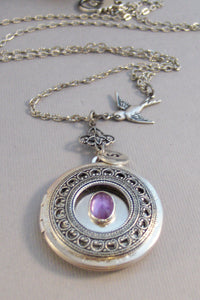 Amethyst Sparrow,Amethyst Locket,Antique Locket,Silver Locket,Purple Locket,Purple,Amethyst Necklace,Gemstone Locket,Gemstone Necklace