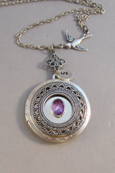 Amethyst Sparrow,Amethyst Locket,Antique Locket,Silver Locket,Purple Locket,Purple,Amethyst Necklace,Gemstone Locket,Gemstone Necklace