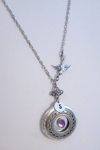 Amethyst Sparrow,Amethyst Locket,Antique Locket,Silver Locket,Purple Locket,Purple,Amethyst Necklace,Gemstone Locket,Gemstone Necklace