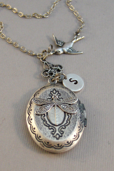 Victorian Dragonfly,Dragonfly,Dragonfly Locket,Locket,Antique Locket,Wing,Silver Locket,Sparrow,Bird Locket,Initial,Hand Stamp,Personalized