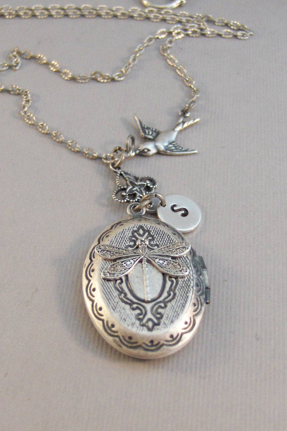 Victorian Dragonfly,Dragonfly,Dragonfly Locket,Locket,Antique Locket,Wing,Silver Locket,Sparrow,Bird Locket,Initial,Hand Stamp,Personalized