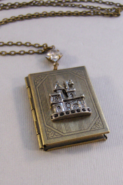 Cinderella,Locket,Locket Necklace,Castle Necklace,Crystal Necklace,Princess Necklace,Castle Locket,Brass Locket,Book Locket,Castle,valleygir