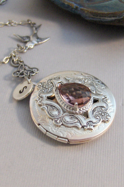 Garnet Sparrow,Garnet,Garnet Locket,Locket,Antique Locket,Silver Locket,Sparrow,Bird Locket,Initial,Hand Stamp,Personalized,Blue,