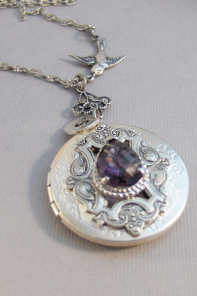 Amethyst Sparrow,Locket,Amethyst Necklace,Amethyst Locket,Amethyst Jewelry,Antique Amethyst,Photo Locket,Silver Locket,Pruple Stone,Purple