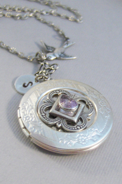 Victorian Sparrow,Amethyst,Amethyst Locket,Locket,Antique Locket,Silver Locket,Sparrow,Bird Locket,Initial,Hand Stamp,Personalized,Purple