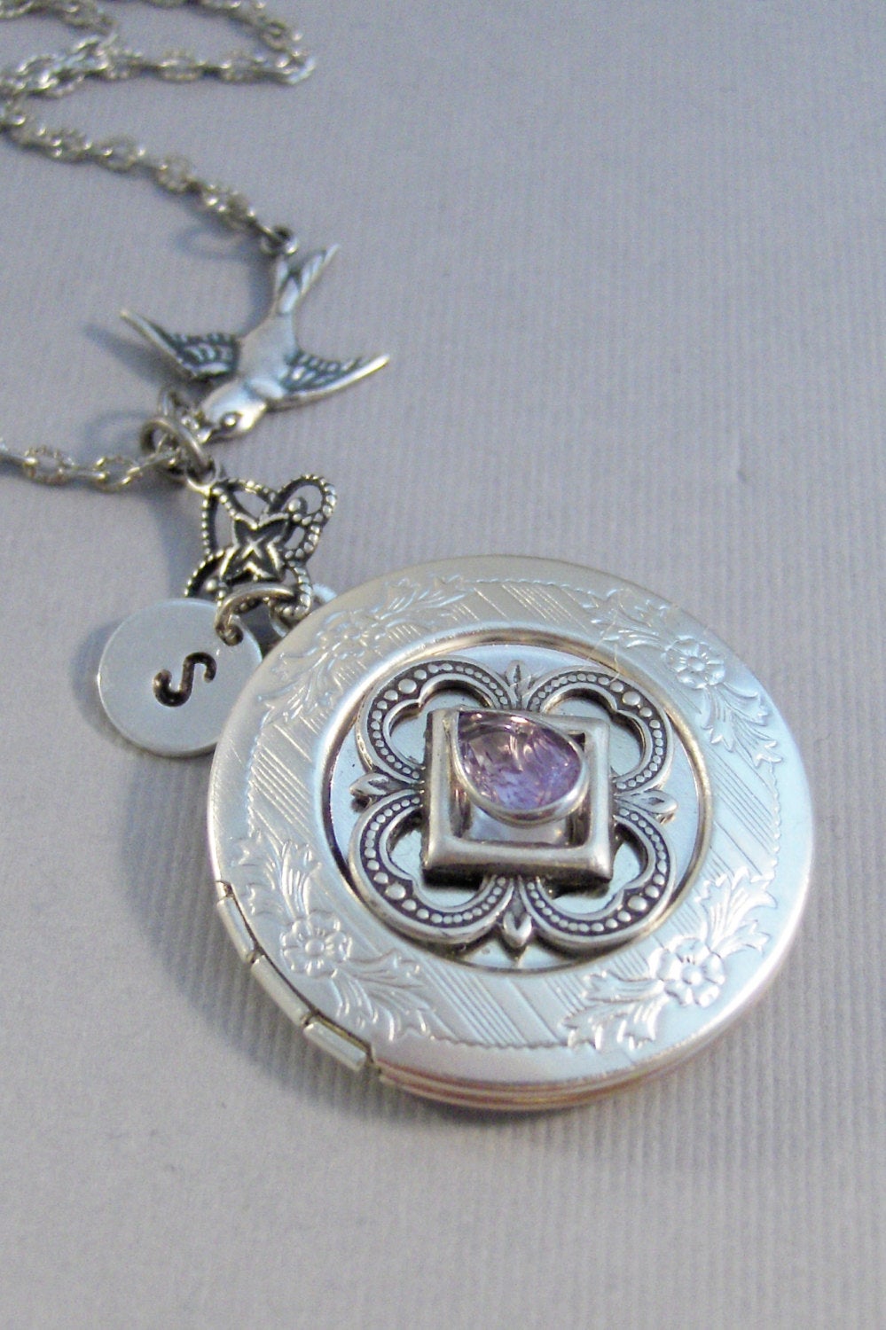 Victorian Sparrow,Amethyst,Amethyst Locket,Locket,Antique Locket,Silver Locket,Sparrow,Bird Locket,Initial,Hand Stamp,Personalized,Purple