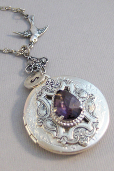 Amethyst Sparrow,Locket,Amethyst Necklace,Amethyst Locket,Amethyst Jewelry,Antique Amethyst,Photo Locket,Silver Locket,Pruple Stone,Purple