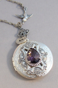 Amethyst Sparrow,Locket,Amethyst Necklace,Amethyst Locket,Amethyst Jewelry,Antique Amethyst,Photo Locket,Silver Locket,Pruple Stone,Purple