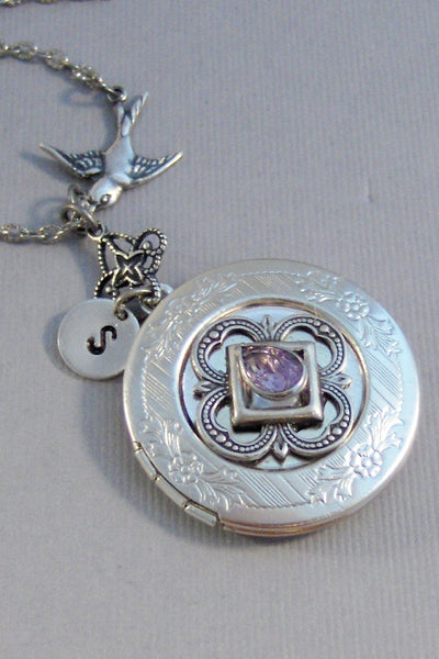 Victorian Sparrow,Amethyst,Amethyst Locket,Locket,Antique Locket,Silver Locket,Sparrow,Bird Locket,Initial,Hand Stamp,Personalized,Purple