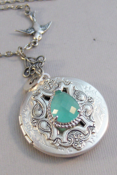 Sea Mist,Aqua Locket,Aqua Necklace,Green Locket, Green Necklace,Blue Locket,Locket,Antique Locket,Sparrow,Bird Locket,Initial,Hand Stamp