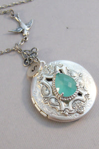 Sea Mist,Aqua Locket,Aqua Necklace,Green Locket, Green Necklace,Blue Locket,Locket,Antique Locket,Sparrow,Bird Locket,Initial,Hand Stamp